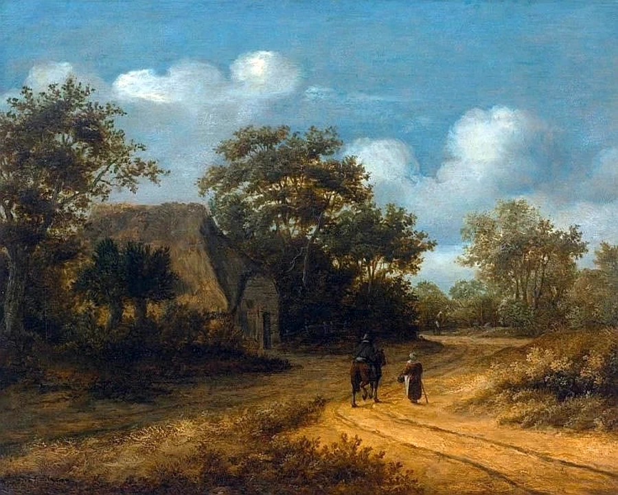 Casolare con passanti in un paesaggio boscoso